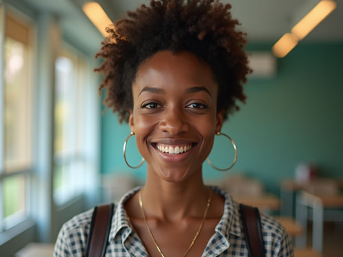 Estudante satisfeita com o curso de espanhol personalizado, sorrindo em ambiente educacional